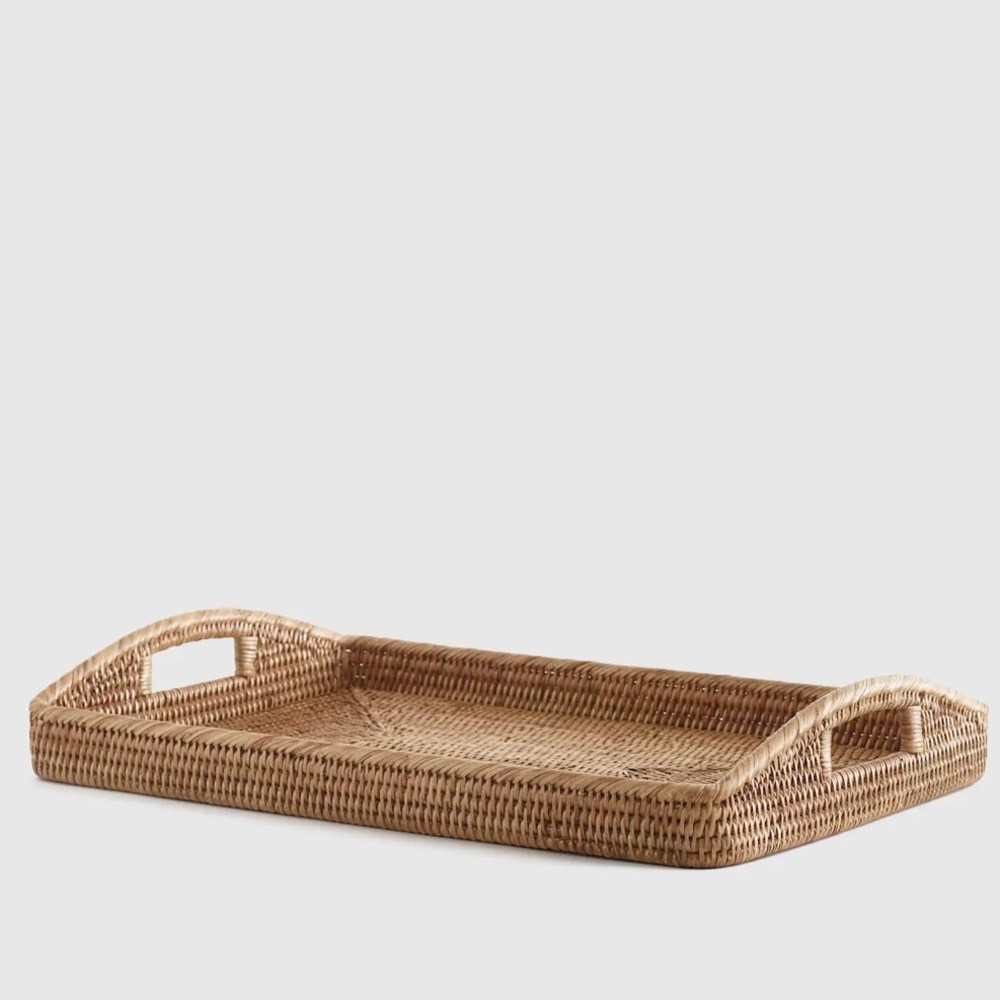 NWT QUINCE Handwoven Rattan Rectangular Tray with High Handles